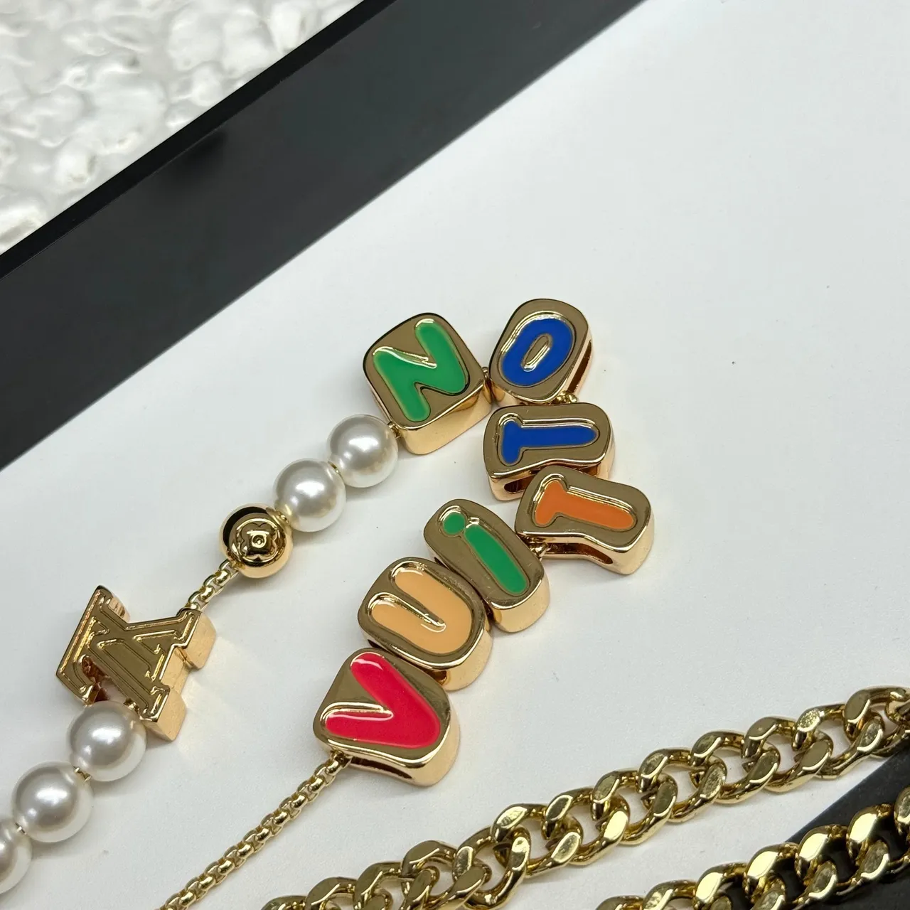 Louis Vuitton Alphabet Charm Strap Multicolor Enamel and Pearl Necklace 9