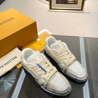 Louis Vuitton Beige Black Scale-Textured Leather Upper Raised LV Monogram Branding Lifestyle Sneakers