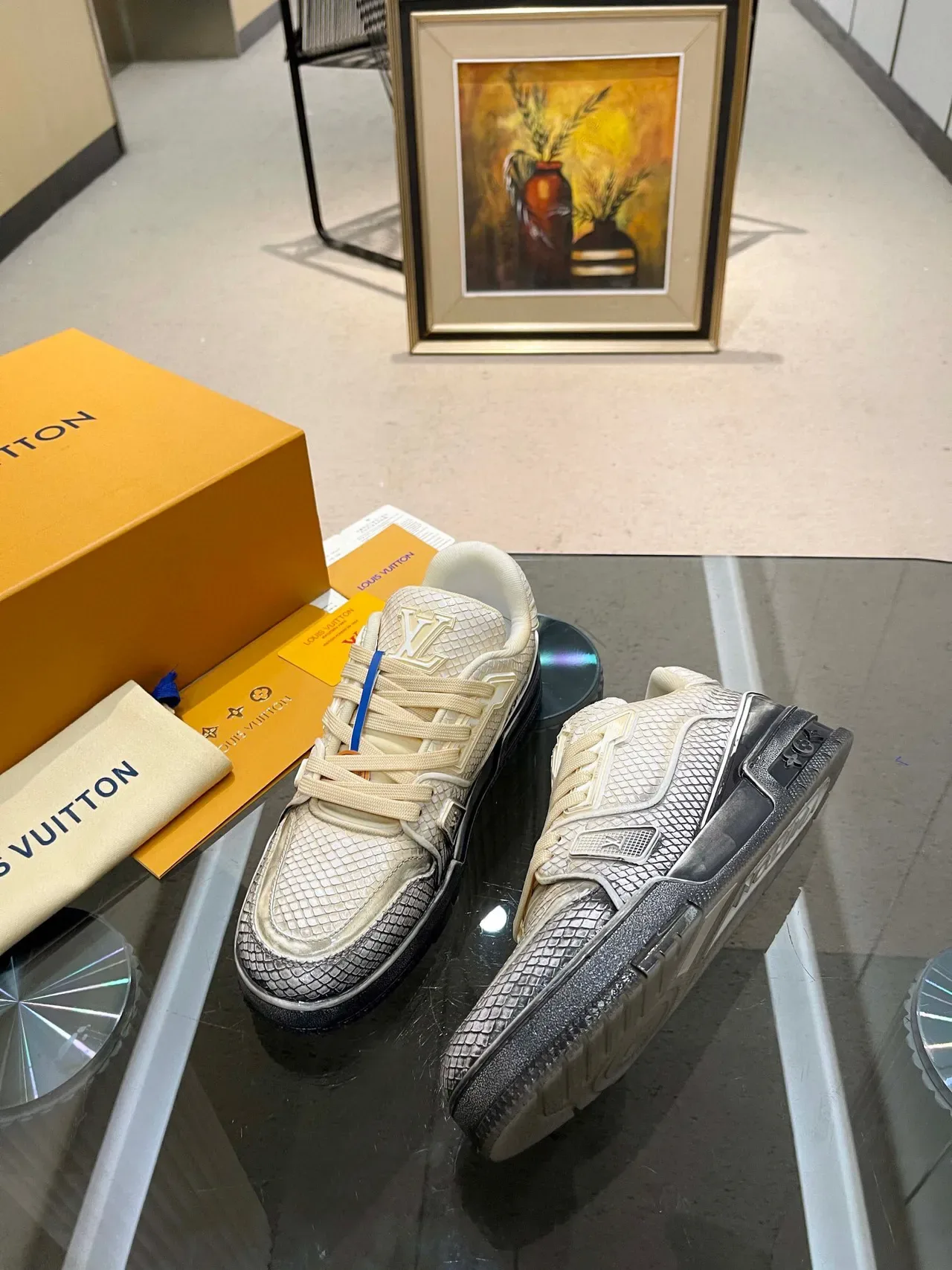 Louis Vuitton Beige Black Scale-Textured Leather Upper Raised LV Monogram Branding Lifestyle Sneakers 2