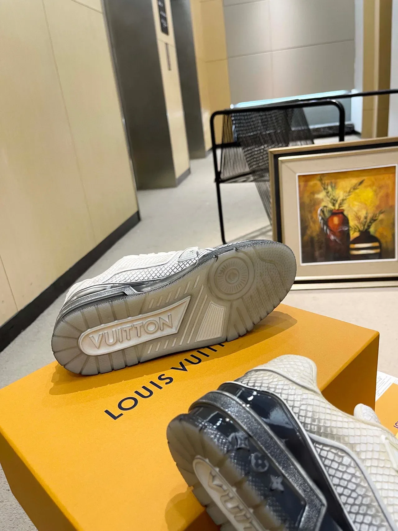 Louis Vuitton Beige Black Scale-Textured Leather Upper Raised LV Monogram Branding Lifestyle Sneakers 4