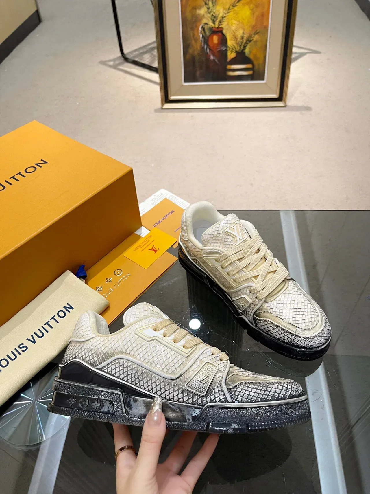 Louis Vuitton Beige Black Scale-Textured Leather Upper Raised LV Monogram Branding Lifestyle Sneakers 8