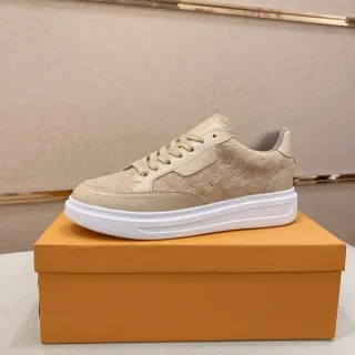 Louis Vuitton Beige White Monogrammed Suede Smooth Leather Overlays Lifestyle Sneakers