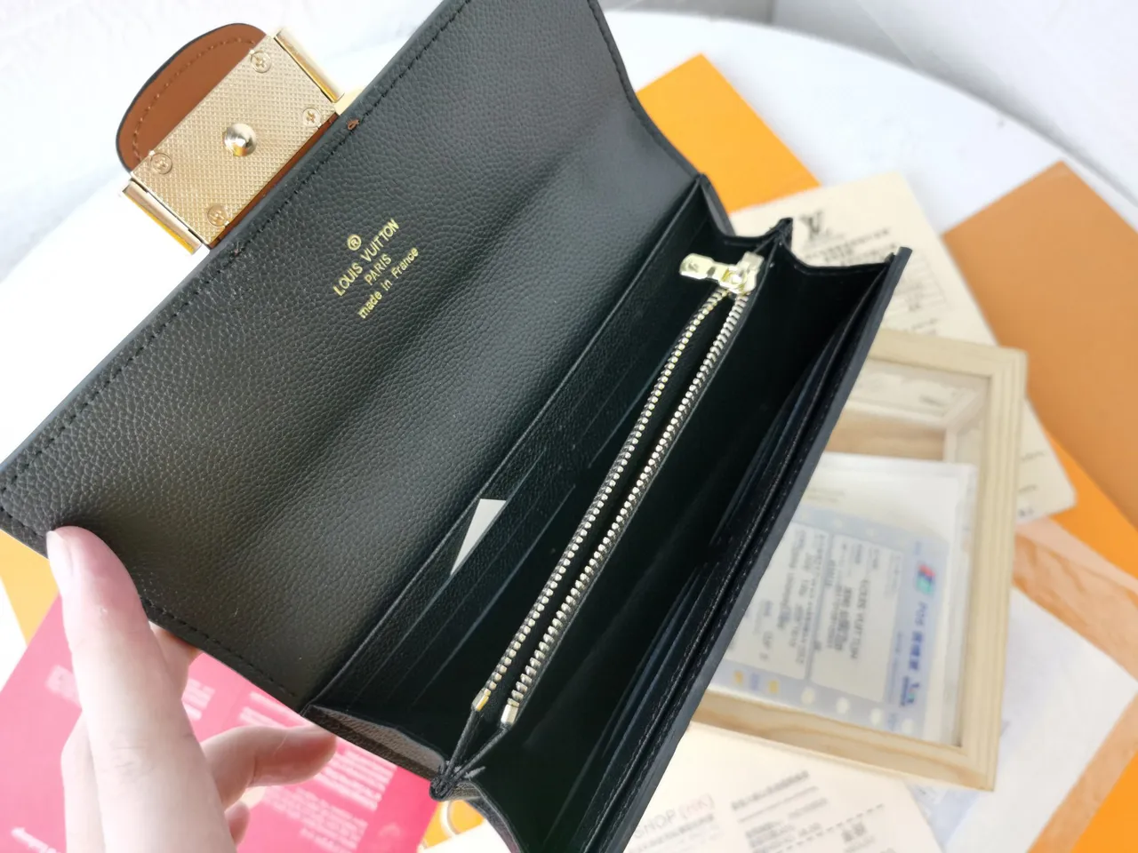 Louis Vuitton Black Brown Embossed Monogram Leather Contrast Tan Trim Long Wallet 2