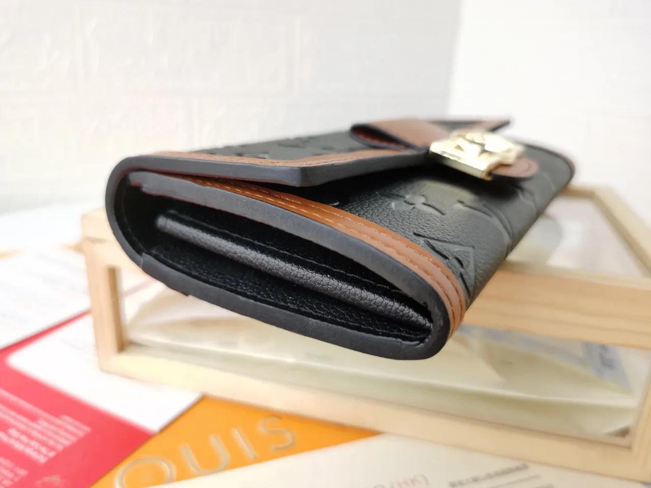 Louis Vuitton Black Brown Embossed Monogram Leather Contrast Tan Trim Long Wallet 5