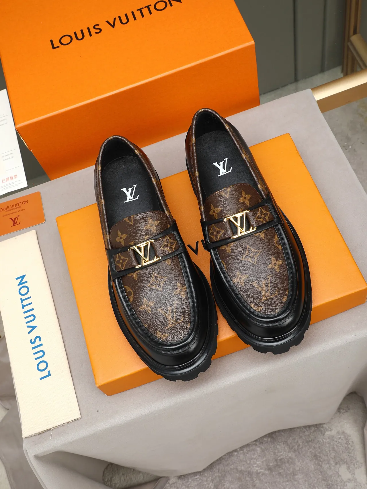 Louis Vuitton Black Brown Monogram Canvas Trim Gold-Tone Buckle Loafer 2