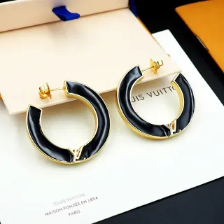 Louis Vuitton Black Enamel and Gold-Tone LV Monogram Hoop Earrings