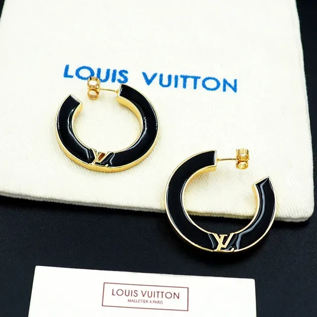 Louis Vuitton Black Enamel and Gold-Tone LV Monogram Hoop Earrings 4