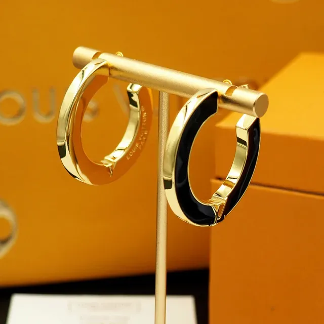 Louis Vuitton Black Enamel and Gold-Tone LV Monogram Hoop Earrings 5