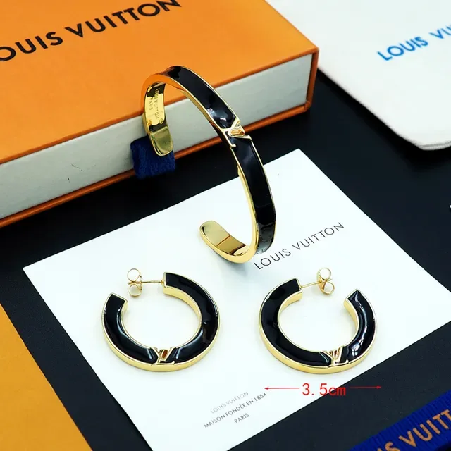 Louis Vuitton Black Enamel and Gold-Tone LV Monogram Hoop Earrings 6