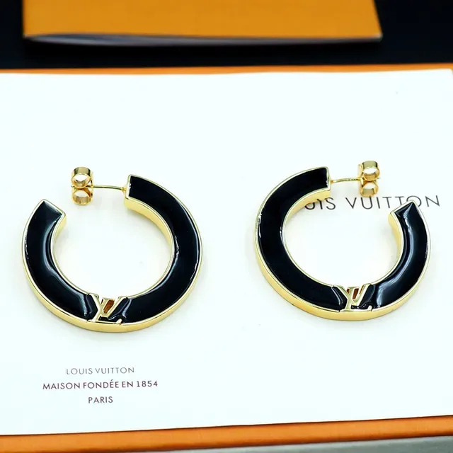 Louis Vuitton Black Enamel and Gold-Tone LV Monogram Hoop Earrings 7
