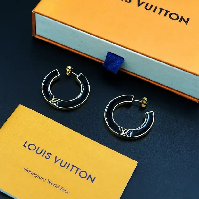 Louis Vuitton Black Enamel and Gold-Tone LV Monogram Hoop Earrings 8