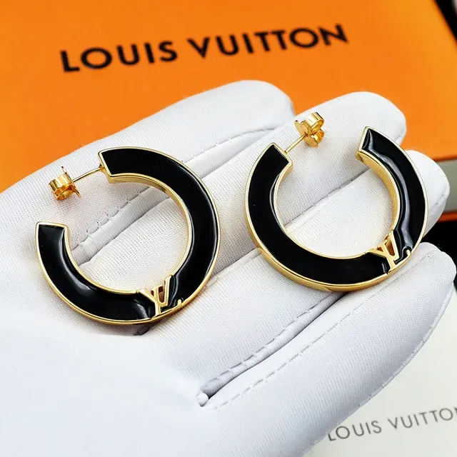 Louis Vuitton Black Enamel and Gold-Tone LV Monogram Hoop Earrings 9
