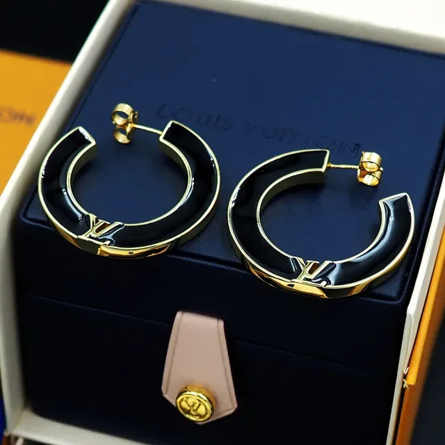Louis Vuitton Black Enamel and Gold-Tone LV Monogram Hoop Earrings 10
