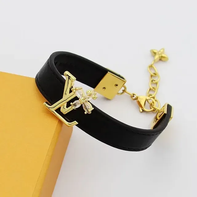 Louis Vuitton Black Gold Leather Strap LV Monogram Clasp Bracelet 2