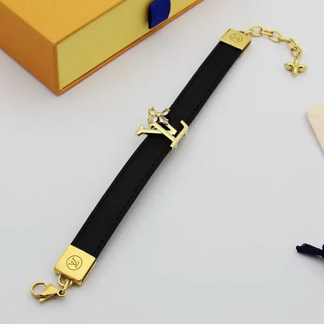 Louis Vuitton Black Gold Leather Strap LV Monogram Clasp Bracelet 3