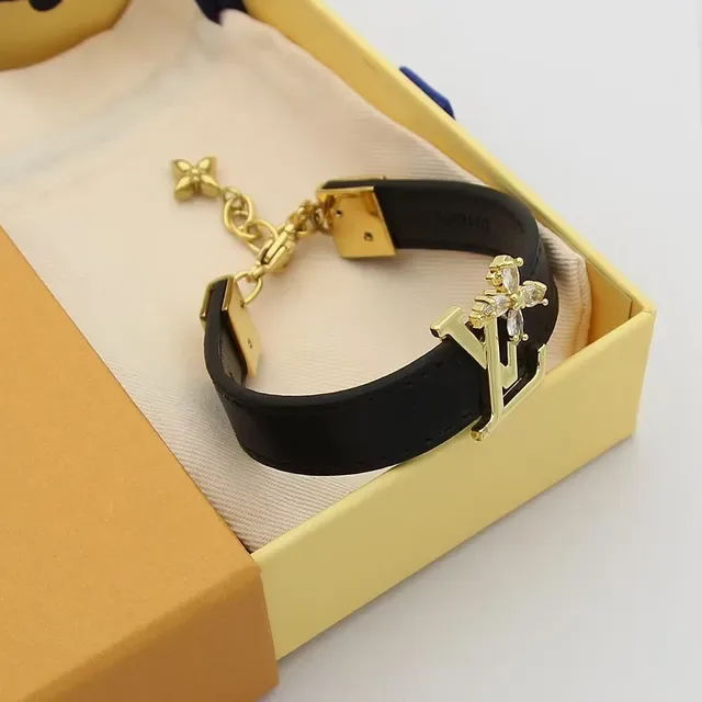 Louis Vuitton Black Gold Leather Strap LV Monogram Clasp Bracelet 4