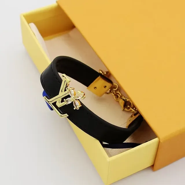 Louis Vuitton Black Gold Leather Strap LV Monogram Clasp Bracelet 5