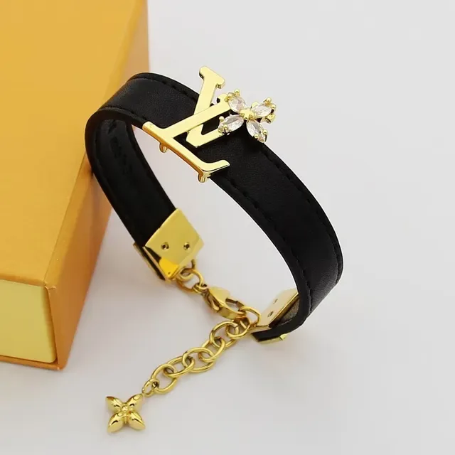 Louis Vuitton Black Gold Leather Strap LV Monogram Clasp Bracelet 6