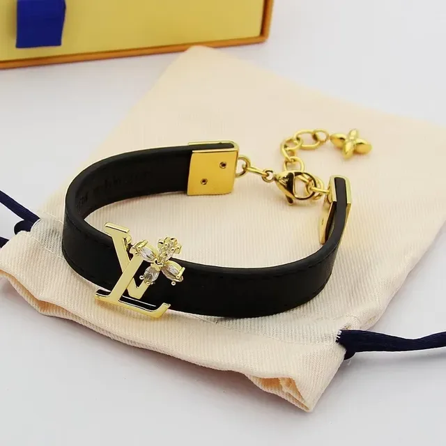 Louis Vuitton Black Gold Leather Strap LV Monogram Clasp Bracelet 7