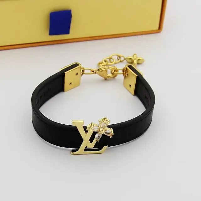 Louis Vuitton Black Gold Leather Strap LV Monogram Clasp Bracelet 8