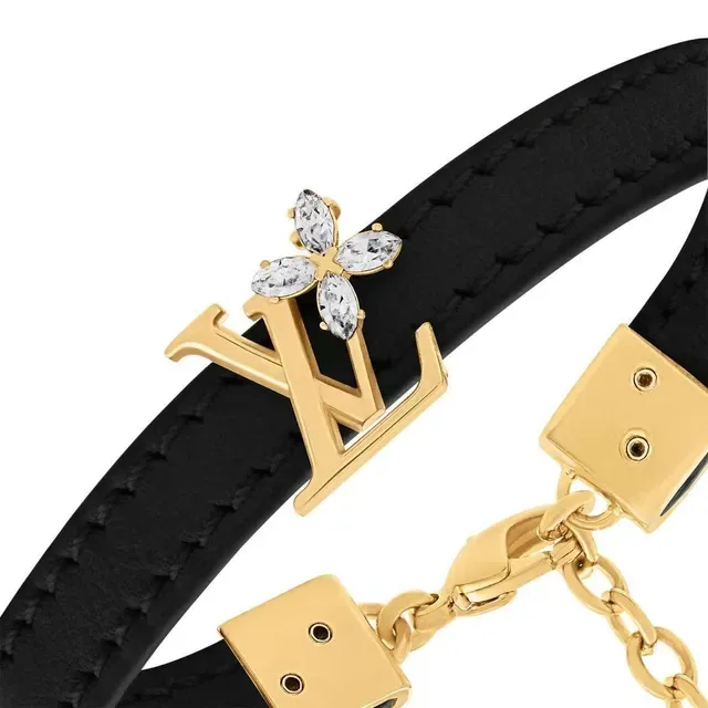 Louis Vuitton Black Gold Leather Strap LV Monogram Clasp Bracelet 9