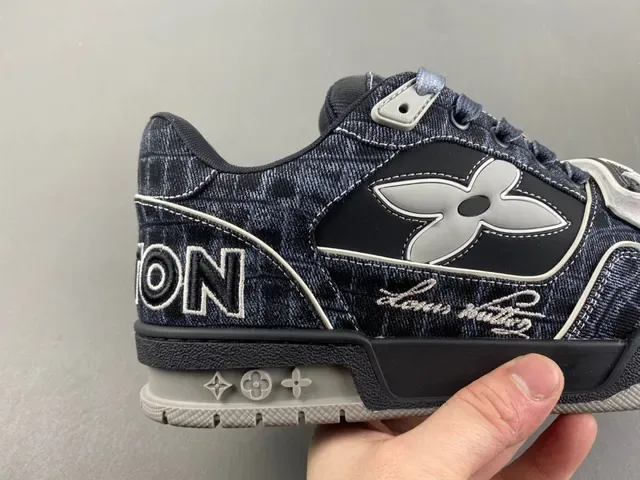 Louis Vuitton Black Gray Denim-Textured Upper Silver X-Overlay Lifestyle Sneakers 2