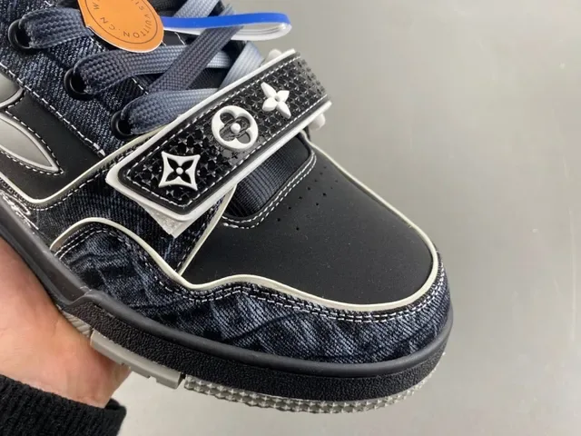 Louis Vuitton Black Gray Denim-Textured Upper Silver X-Overlay Lifestyle Sneakers 3