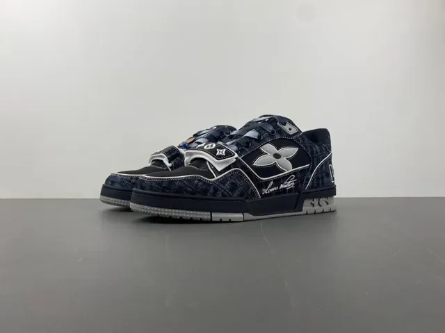 Louis Vuitton Black Gray Denim-Textured Upper Silver X-Overlay Lifestyle Sneakers 10