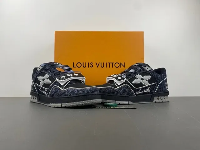 Louis Vuitton Black Gray Denim-Textured Upper Silver X-Overlay Lifestyle Sneakers 13