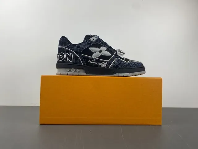 Louis Vuitton Black Gray Denim-Textured Upper Silver X-Overlay Lifestyle Sneakers 15