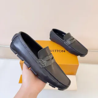 Louis Vuitton काला ग्रे चमड़ा मोनोग्राम्ड स्ट्रैप लोअफर