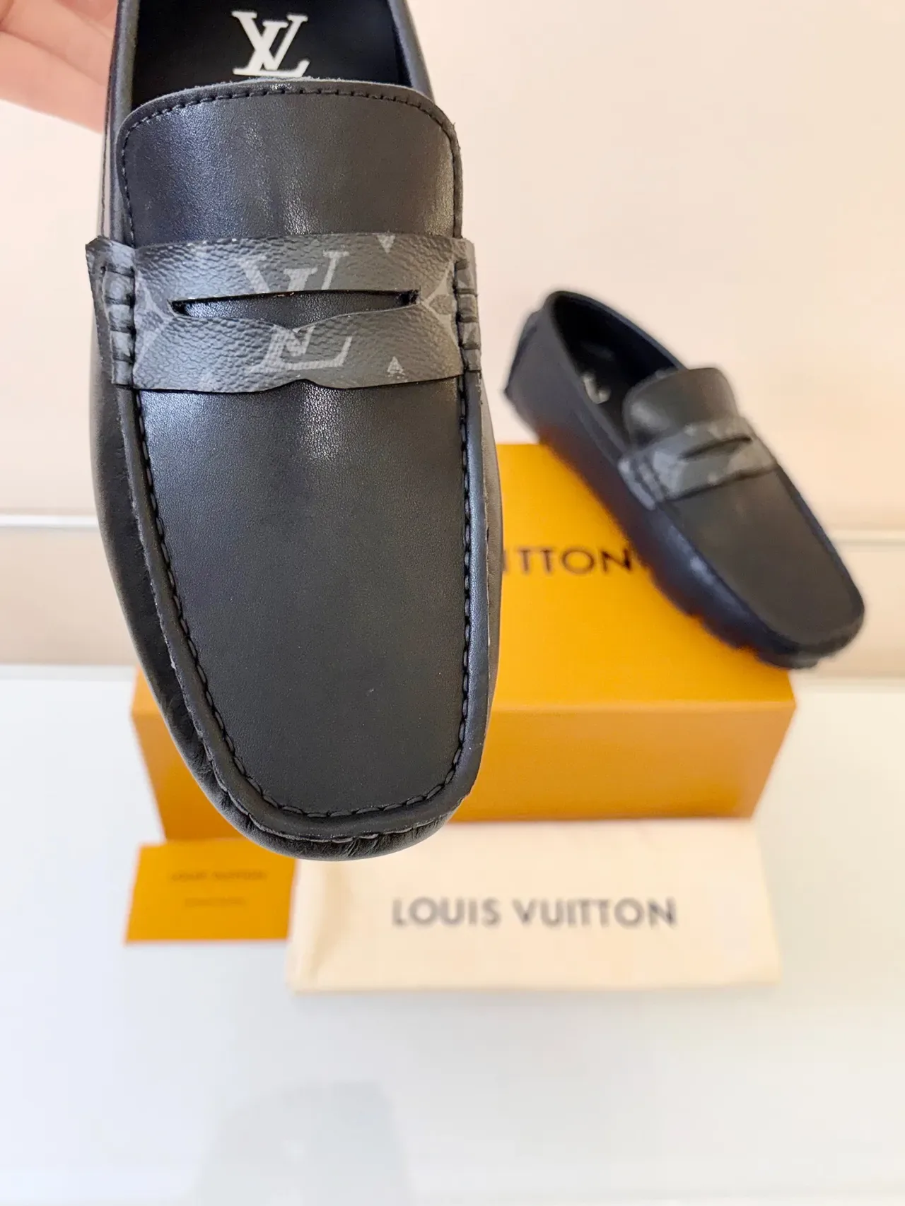 Louis Vuitton Black Gray Leather Monogrammed Strap Loafer 5