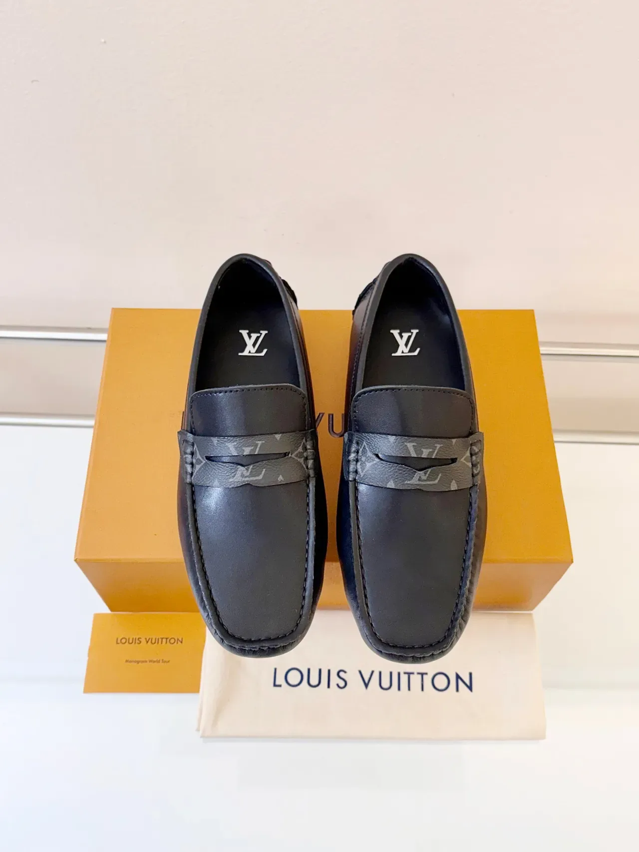 Louis Vuitton Black Gray Leather Monogrammed Strap Loafer 6