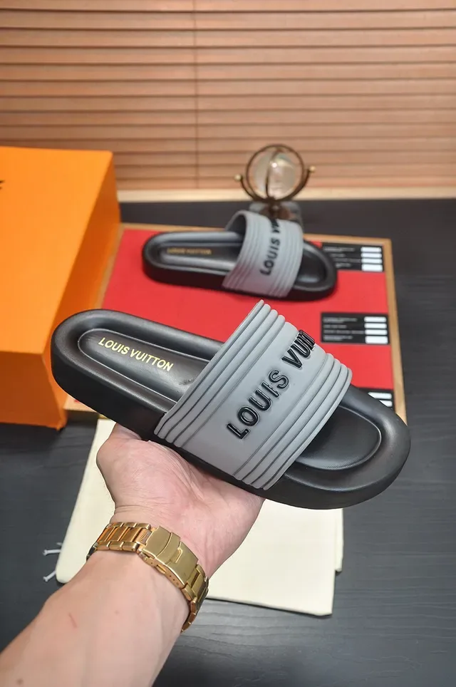 Louis Vuitton Black Gray Molded Rubber Ribbed Strap Slippers 5