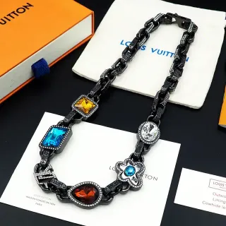 Louis Vuitton Black Multicolor Oxidized Metal Chain Multigem Statement Pendant Necklace