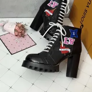 Louis Vuitton Black Multicolor Patch-Adorned Lace-Up Ankle Boots