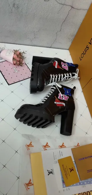 Louis Vuitton Black Multicolor Patch-Adorned Lace-Up Ankle Boots 6