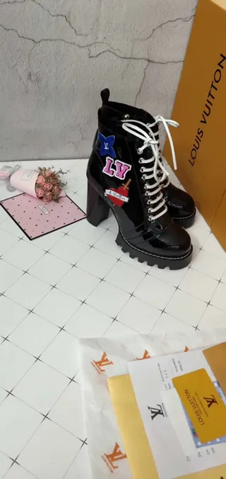 Louis Vuitton Black Multicolor Patch-Adorned Lace-Up Ankle Boots 8