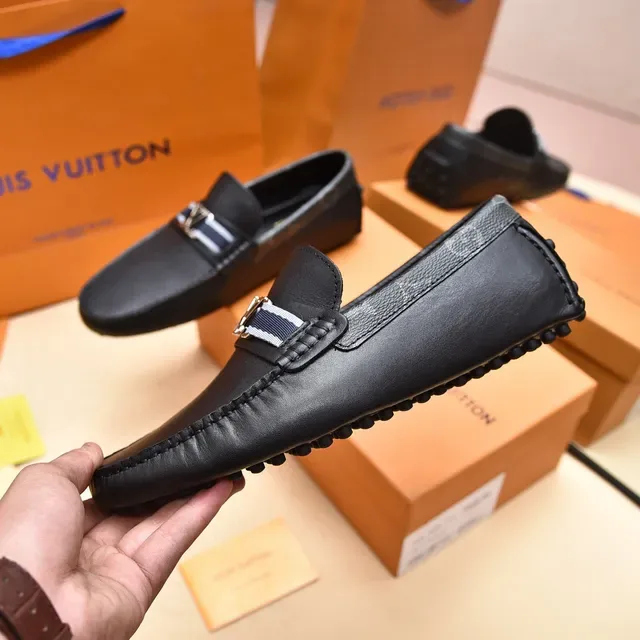 Louis Vuitton Black Navy Leather Monogram-Trimmed Strap Loafer 7