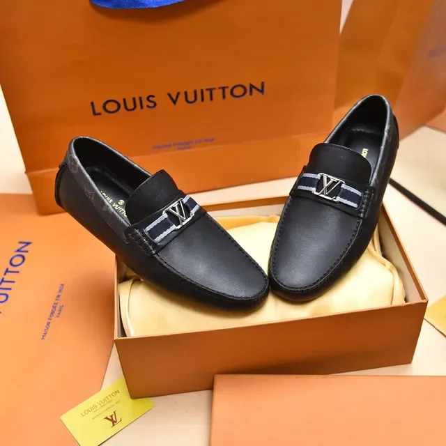Louis Vuitton Black Navy Leather Monogram-Trimmed Strap Loafer 8