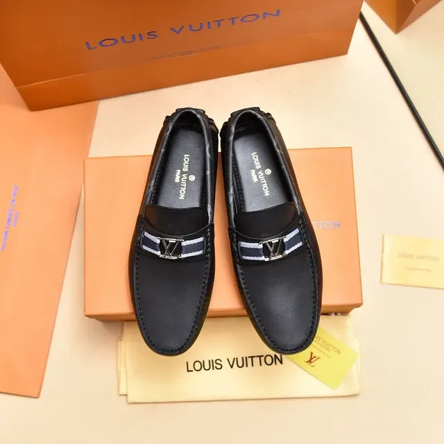 Louis Vuitton Black Navy Leather Monogram-Trimmed Strap Loafer 9