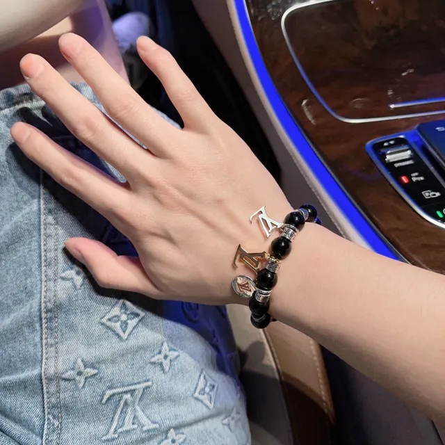 Louis Vuitton Black Silver Beaded Stretch Monogram Charm Bracelet 2