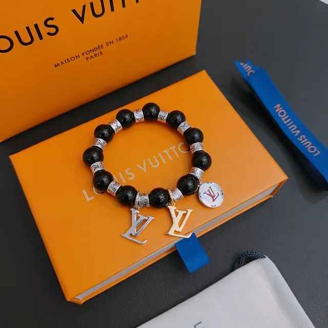Louis Vuitton Black Silver Beaded Stretch Monogram Charm Bracelet 8