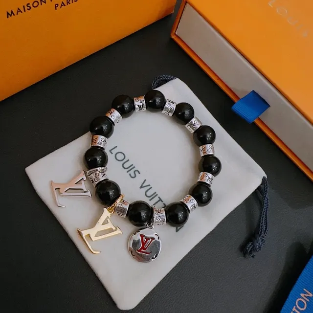 Louis Vuitton Black Silver Beaded Stretch Monogram Charm Bracelet 9