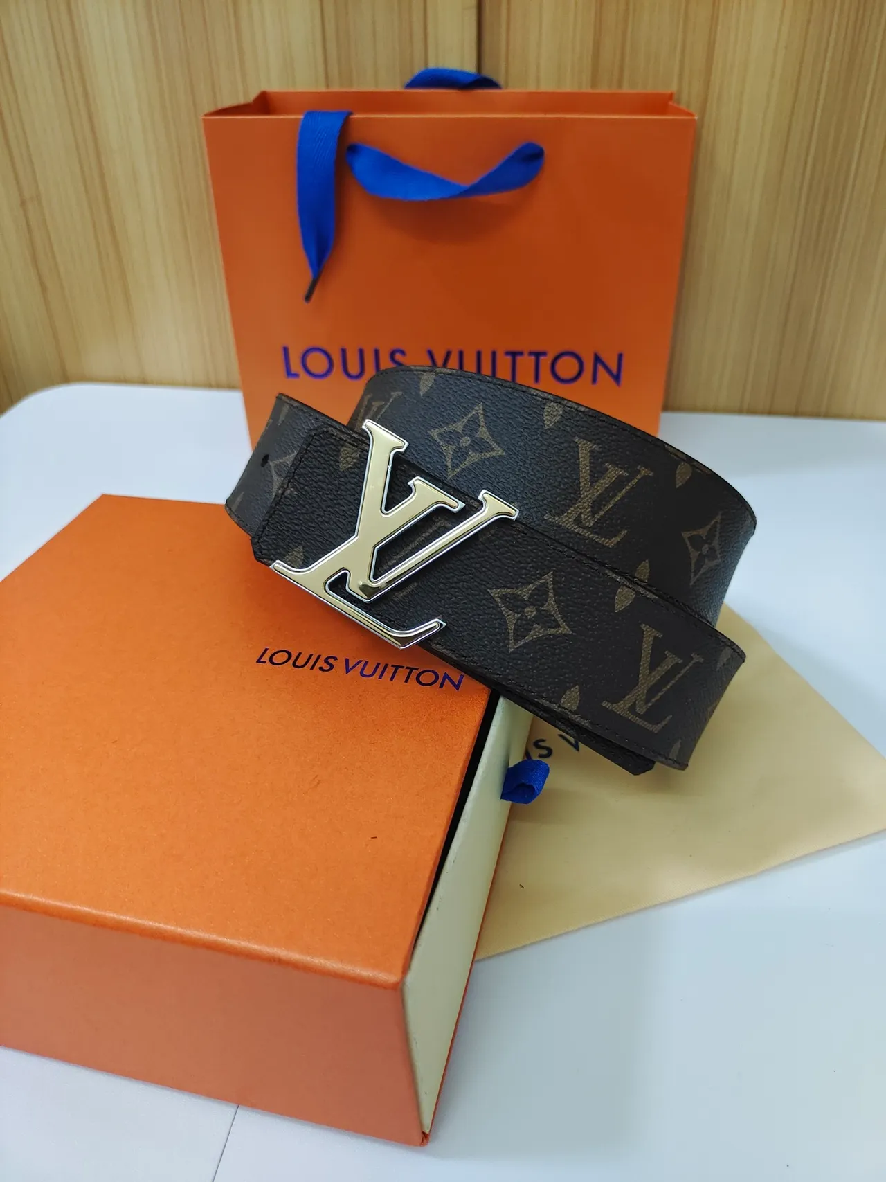 Louis Vuitton Brown Gold Monogram Canvas Large Metallic LV Buckle Leather Belt 3