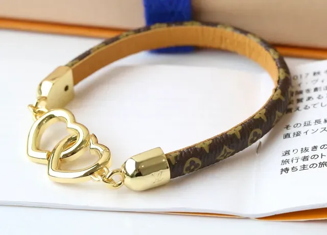Louis Vuitton Brown Gold Monogram Canvas Strap Polished Double Heart Charm Bracelet 2