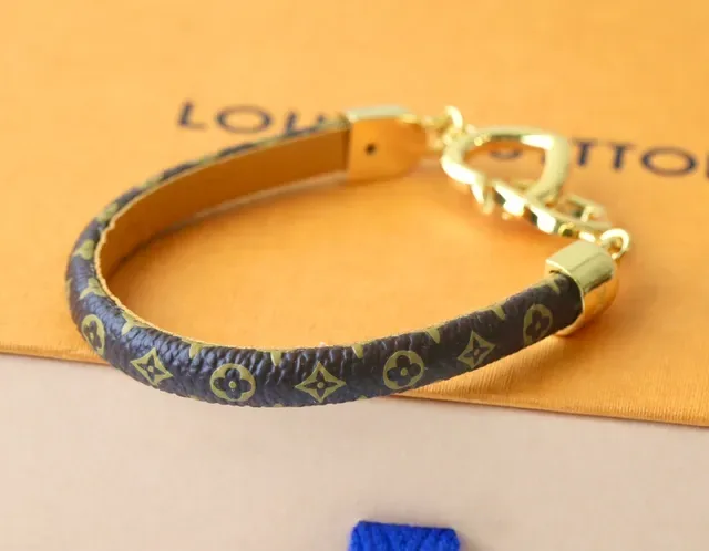 Louis Vuitton Brown Gold Monogram Canvas Strap Polished Double Heart Charm Bracelet 4