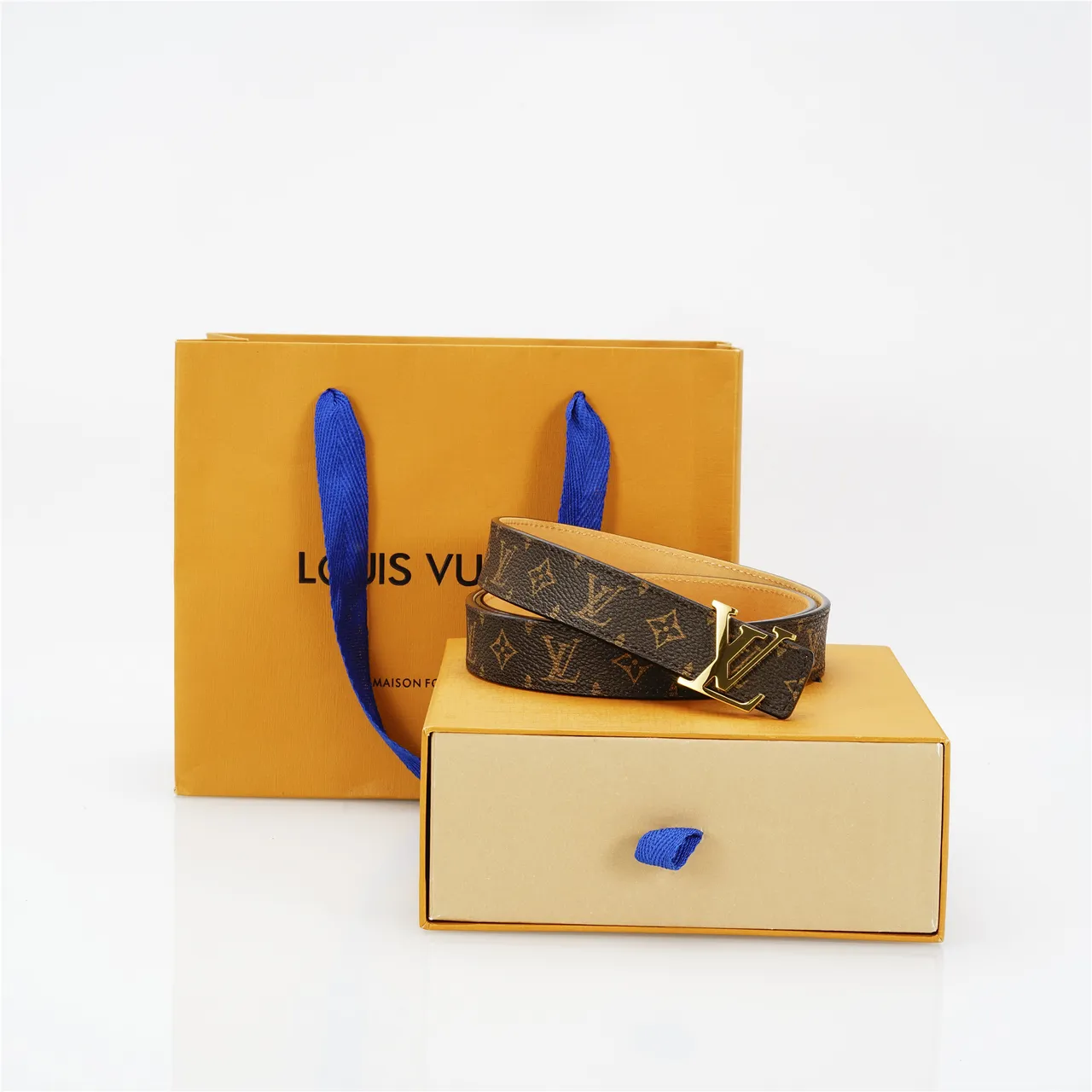 Louis Vuitton Ceinture en cuir marron doré toile monogram recouverte LV boucle 4
