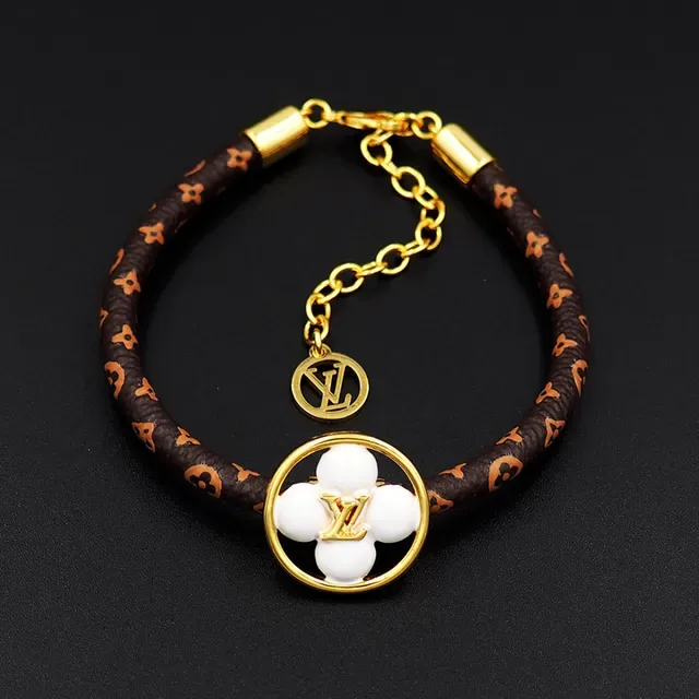 Louis Vuitton Brown Gold Monogrammed Leather Strap Circular Charm Bracelet 5
