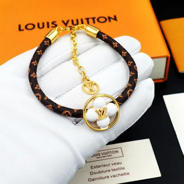 Louis Vuitton Brown Gold Monogrammed Leather Strap Circular Charm Bracelet 6